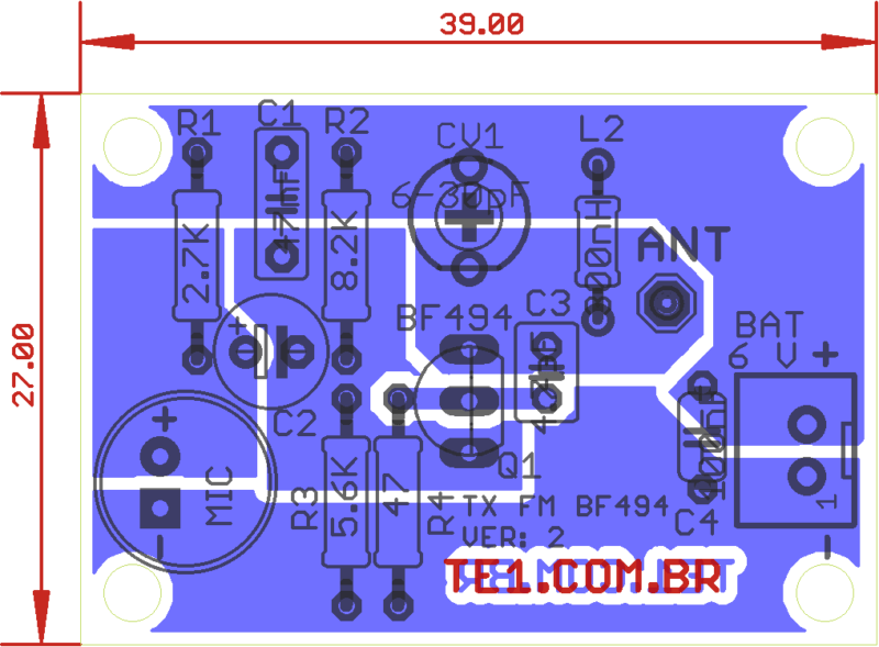 Placa De Circuito Impresso Pcb - Vista Dos Componentes, Circuito Micro Transmissor De Fm Bf494