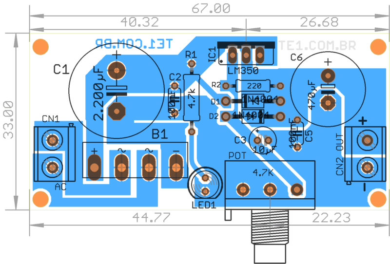 Placa De Circuito Impresso — Pcb Vista Dos Componentes Circuito De Fonte Com Lm350 Ajustável De 1,2 — 33V 3A