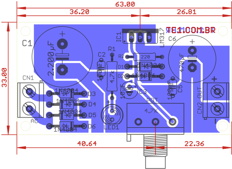 Placa De Circuito Impresso Pcb - Vista Dos Componentes Para Montagem Da Fonte Com Lm317T