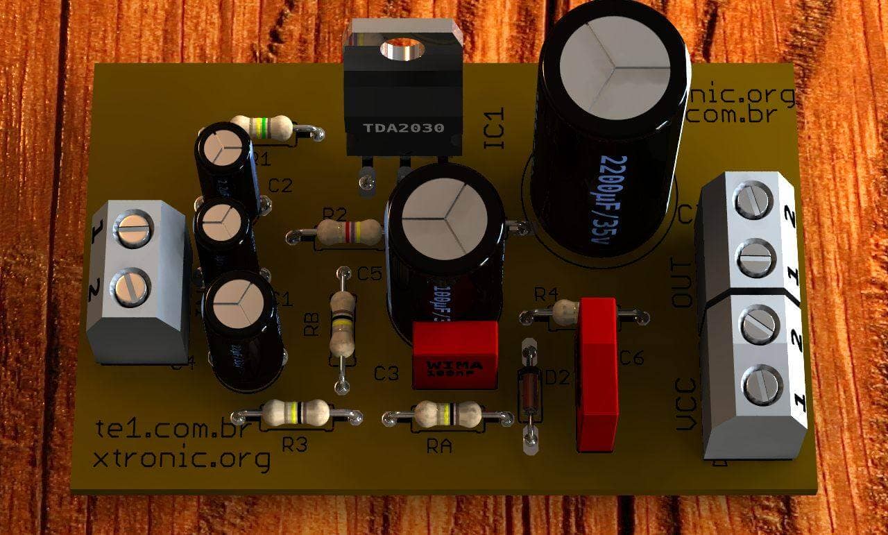 Circuito de amplificador de áudio de potência com circuito integrado tda2030 para aplicações automotivas para 14 watts RMS