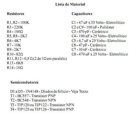 Lkista De Material Amplificador Pl1050 Potência Utilizando Transistor Darlington Tip120 E Tip125 Ou Tip122 E Tip126