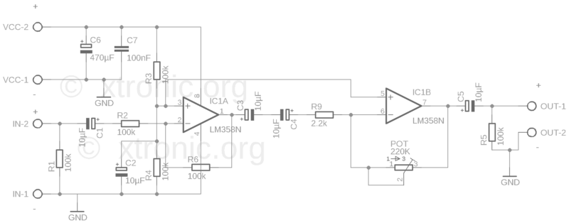 Esquema Do Pré-Amplificador De Áudio Com Circuito Integrado Amplificador Operacional Duplo Lm358