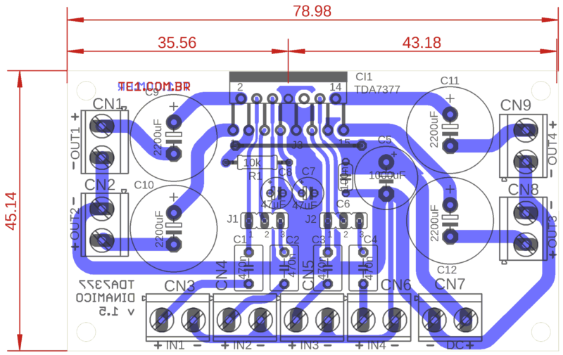 Sugestão De Placa De Circuito Impresso Para Montagem Do Amplificador De Áudio Com Tda7377