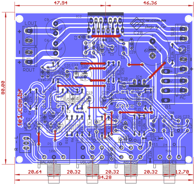 Placa Vista Dos Componentes Tda7377 2.1 Circuito Amplificador Potência Áudio
