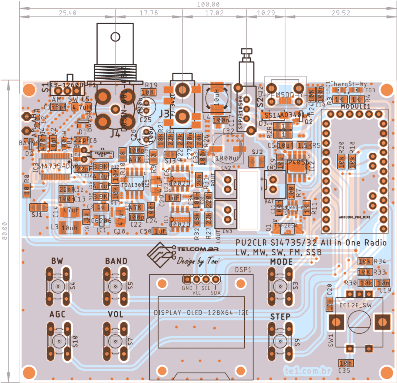 Placa De Circuito Impresso Pcb Vista Dos Componentes Topo Dsp Rádio Toda Banda Lw Am Fm Sw Ssb Si4735 Com Arduino