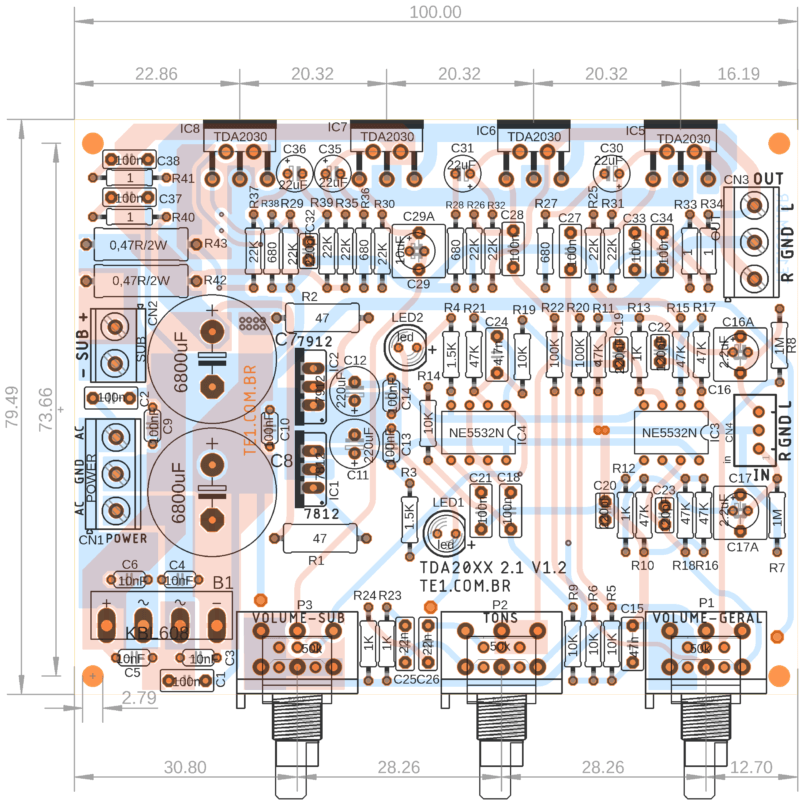 Circuito Amplificador Tda2030 2.1 Ou Lm1875 Placa Vista Dos Componentes